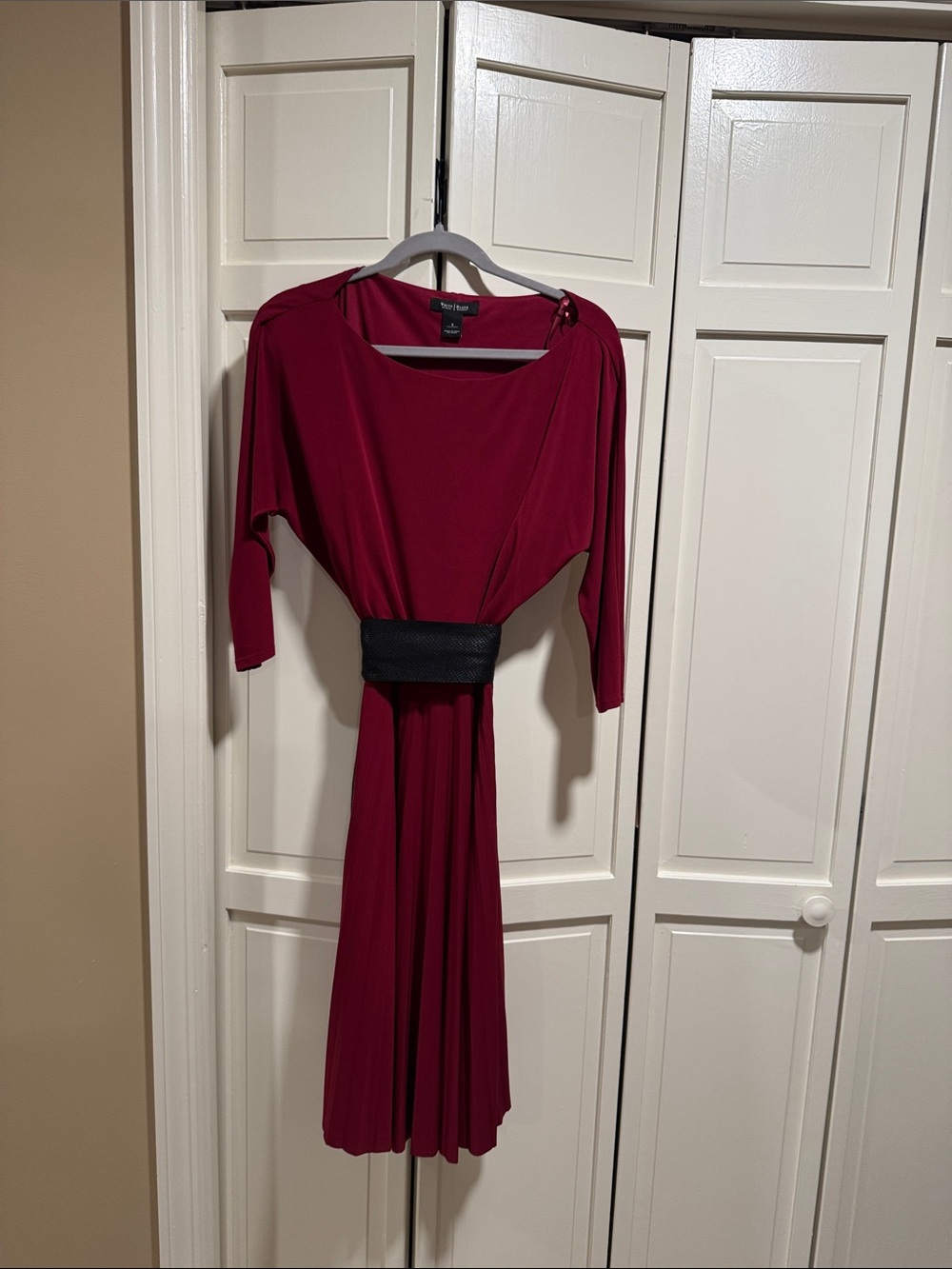 White House Black Market Burgundy Midi Dress with Black Waistband